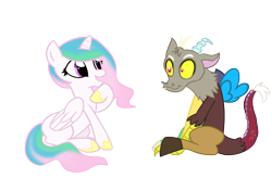 Size: 1350x888 | Tagged: safe, artist:ladyluck117, discord, princess celestia, alicorn, draconequus, pony, female, horn, male, mare, young