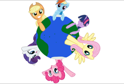 Size: 594x402 | Tagged: safe, artist:lovelifelikelili, applejack, fluttershy, pinkie pie, rainbow dash, rarity, twilight sparkle, earth pony, pegasus, pony, unicorn, earth, female, giant pony, macro, mane six, mare, pony bigger than a planet, simple background, underhoof, white background