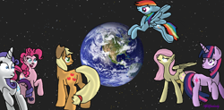 Size: 1560x770 | Tagged: safe, artist:mlpbffpink, applejack, fluttershy, pinkie pie, rainbow dash, rarity, twilight sparkle, earth pony, pegasus, pony, unicorn, earth, giant pony, macro, mane six, pony bigger than a planet, space
