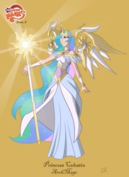 Size: 1023x1404 | Tagged: safe, artist:didj, princess celestia, archmage, floating wings, humanized, my little mages, skinny, staff