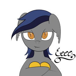 Size: 1200x1200 | Tagged: safe, artist:php47, artist:pinkhorseoccasionally, oc, oc only, oc:echo, bat pony, pony, cursive, eeee, fangs, female, floppy ears, food, hoof hold, hug, lidded eyes, looking at you, mango, mare, simple background, smiling, solo, transparent background