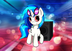 Size: 3508x2480 | Tagged: safe, artist:conniethecasanova, artist:flamevulture17, color edit, edit, dj pon-3, vinyl scratch, pony, unicorn, colored, high res, solo, speakers, wallpaper, wallpaper edit, wrong eye color