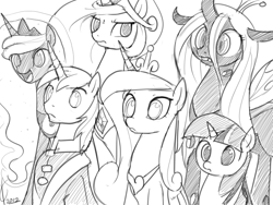 Size: 800x600 | Tagged: safe, artist:valcron, princess cadance, princess celestia, princess luna, queen chrysalis, shining armor, twilight sparkle, alicorn, changeling, changeling queen, pony, unicorn, female, grayscale, monochrome, reaction image, varying degrees of want