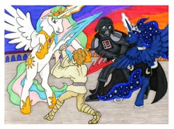 Size: 900x666 | Tagged: safe, artist:allison-beriyani, princess celestia, princess luna, human, boba fett vs ponies, darth vader, luke skywalker, star wars