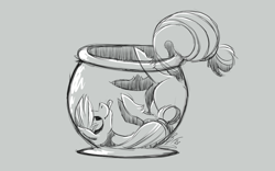 Size: 1280x800 | Tagged: safe, artist:buttersflutterscotch, applejack, earth pony, pony, cup of pony, grayscale, micro, monochrome, on back, solo, tongue out