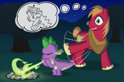 Size: 1546x1035 | Tagged: dead source, safe, artist:lightbulb, big macintosh, princess celestia, spike, alicorn, dragon, earth pony, pony, fire, male, stallion, thought bubble