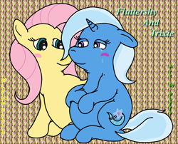 Size: 3130x2524 | Tagged: safe, artist:puffydearlysmith, fluttershy, trixie, pegasus, pony, unicorn, abstract background, blushing, chubby, chubbyshy, crying, female, high res, lesbian, mare, shipping, sitting, trixieshy