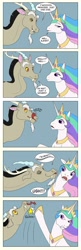 Size: 750x2322 | Tagged: safe, artist:dissonus, discord, princess celestia, alicorn, pony, comic, dislestia, female, kiss denied, kissing, male, shipping, straight, tongue out