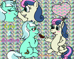 Size: 3155x2524 | Tagged: safe, artist:puffydearlysmith, bon bon, lyra heartstrings, sweetie drops, earth pony, pony, unicorn, abstract background, balloon, blushing, boop, chubby, female, heart balloon, high res, lesbian, lyrabon, mare, marriage proposal, ring, shipping, sitting, wedding ring