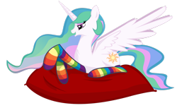 Size: 1280x782 | Tagged: safe, artist:weisdrachen, princess celestia, alicorn, pony, clothes, pillow, rainbow socks, socks, solo, striped socks