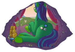 Size: 1477x1036 | Tagged: safe, artist:chibibiscuit, daring do, spitfire, oc, oc only, oc:daisini, book, cave, doll, flower, glasses, hay, hay bale, macro, pillow, poster, solo, table, toy, vase, village