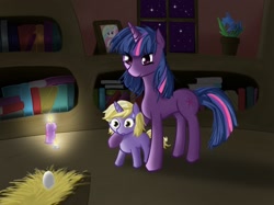 Size: 1144x856 | Tagged: safe, artist:v-invidia, dinky hooves, princess celestia, twilight sparkle, alicorn, pony, book, bookshelf, candle, duo, egg, golden oaks library, hoof on shoulder, library, picture frame, poison joke, potted plant, sweat, sweatdrop