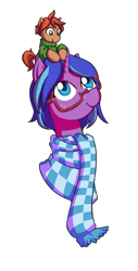 Size: 507x1001 | Tagged: safe, artist:chibibiscuit, oc, oc only, oc:cee biscuit, oc:tea biscuit, clothes, glasses, macro, ponies riding ponies, scarf