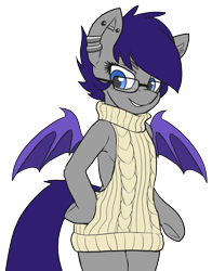 Size: 2393x3051 | Tagged: safe, artist:neoncel, oc, oc only, oc:moondew, anthro, bat pony, unguligrade anthro, backless, clothes, ear piercing, earring, glasses, industrial piercing, jewelry, open-back sweater, piercing, simple background, sleeveless sweater, solo, sweater, transparent background, virgin killer sweater