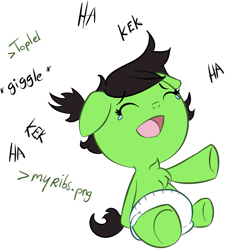 Size: 853x931 | Tagged: safe, artist:lazynore, oc, oc only, oc:anon filly, earth pony, pony, baby, baby pony, cropped, diaper, female, greentext, kek, laughing, simple background, solo, text, white background