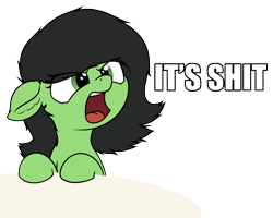 Size: 2927x2341 | Tagged: safe, artist:smoldix, oc, oc only, oc:anon filly, earth pony, pony, female, filly, it's shit, open mouth, reaction image, simple background, solo, transparent background, vulgar