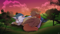 Size: 1920x1080 | Tagged: safe, artist:wavemasterkaz, oc, oc only, oc:splash stroke, oc:winterlight, pegasus, pony, unicorn, clothes, cuddling, cute, gay, giant pony, love, macro, male, scarf, sleeping, snuggling, stallion