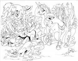 Size: 1406x1100 | Tagged: safe, artist:andypriceart, applejack, fluttershy, pinkie pie, princess celestia, princess luna, rainbow dash, rarity, spike, twilight sparkle, alicorn, dragon, earth pony, pegasus, pony, unicorn, black and white, blanket, female, grayscale, male, mane six, mare, monochrome, traditional royal canterlot voice