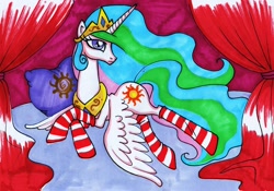 Size: 2424x1700 | Tagged: safe, artist:dragonfly, princess celestia, alicorn, pony, clothes, socks, solo, striped socks, traditional art