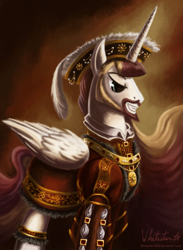 Size: 900x1227 | Tagged: safe, artist:whitestar1802, prince solaris, princess celestia, alicorn, pony, clothes, jewelry, male, painterly, regalia, rule 63, solo, stallion, tudor