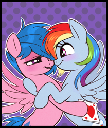 Size: 776x926 | Tagged: safe, artist:sorcerushorserus, firefly, rainbow dash, pegasus, pony, g1, blushing, dashfly, female, hug, lesbian, shipping, valentine, valentine's day