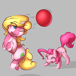 Size: 2400x2400 | Tagged: safe, artist:captainpudgemuffin, pinkie pie, oc, earth pony, pony, unicorn, ball, cute, duo, duo female, face down ass up, female, gray background, jumping, mare, ocbetes, one eye closed, open mouth, playing, simple background, smiling, tongue out