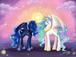 Size: 1500x1125 | Tagged: safe, artist:amenoo, princess celestia, princess luna, alicorn, pony, duo, duo female, eyes closed, female, mare, sisters