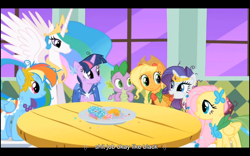 Size: 1024x640 | Tagged: safe, screencap, applejack, fluttershy, princess celestia, rainbow dash, rarity, spike, twilight sparkle, alicorn, dragon, earth pony, pegasus, pony, unicorn, the best night ever, vulgar, youtube caption