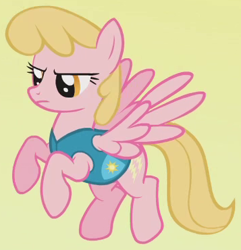 Size: 357x370 | Tagged: safe, screencap, honey rays, pegasus, pony, winter wrap up, background pony, clothes, cropped, female, flying, mare, narrowed eyes, simple background, solo, vest, weather team, winter wrap up vest, yellow background