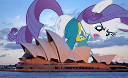 Size: 1024x628 | Tagged: safe, rarity, pony, australia, giant pony, irl, macro, photo, ponies in real life, ponytones, solo, sydney, sydney opera house, vector