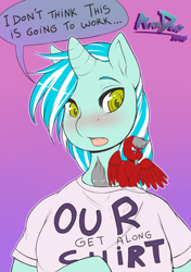 Size: 2248x3200 | Tagged: safe, artist:nikoh, oc, oc only, oc:cloud weaver, oc:keystone, clothes, get along shirt, macro, micro, pouting, sharing, shirt, text