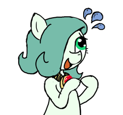 Size: 640x600 | Tagged: safe, artist:ficficponyfic, color edit, edit, oc, oc only, oc:emerald jewel, earth pony, pony, amulet, child, color, colored, colt, colt quest, cute, femboy, foal, grin, hair over one eye, male, nervous, nervous grin, smiling, solo, sweat, trap, worried