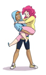 Size: 500x821 | Tagged: safe, artist:naroclie, pinkie pie, rainbow dash, carrying, chubby, clothes, converse, female, hoodie, humanized, lesbian, pinkiedash, shipping, shoes