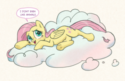 Size: 1280x831 | Tagged: safe, artist:pencils, fluttershy, pegasus, pony, blatant lies, cloud, cute, cutie mark, dialogue, female, folded wings, hilarious in hindsight, hooves, looking sideways, looking up, lying down, lying on a cloud, mare, on a cloud, open mouth, out of character, pure unfiltered evil, shyabetes, smiling, solo, speech bubble, wings