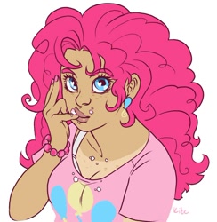 Size: 500x513 | Tagged: safe, artist:whitekitestrings, pinkie pie, chubby, crumbs, humanized, messy, tan lines