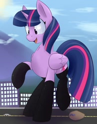 Size: 1000x1280 | Tagged: safe, artist:mrrowboat, twilight sparkle, twilight sparkle (alicorn), alicorn, pony, city, clothes, cute, giant pony, giantess, macro, open mouth, smiling, socks, solo, twiabetes