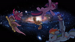 Size: 1920x1080 | Tagged: safe, artist:riniginianna, applejack, fluttershy, pinkie pie, rainbow dash, rarity, twilight sparkle, earth pony, pegasus, pony, unicorn, galaxy, giant pony, macro, mane six, nose in the air, pony bigger than a galaxy, pony bigger than a planet, space