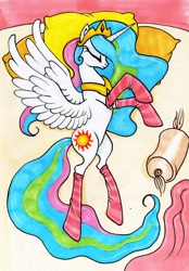 Size: 1692x2436 | Tagged: safe, artist:dragonfly, princess celestia, alicorn, pony, bed, clothes, crown, eyes closed, female, jewelry, mare, necklace, pillow, regalia, socks, solo, spread wings, striped socks, traditional art, wings