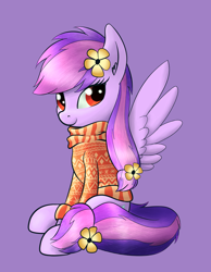 Size: 1294x1667 | Tagged: safe, artist:breakdream, oc, oc only, oc:moonlight blossom, pegasus, pony, clothes, female, flower, flower in hair, mare, simple background, sitting, solo, spread wings, sweater