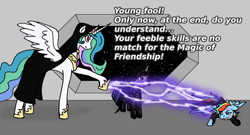 Size: 1280x691 | Tagged: safe, artist:tapewolf, princess celestia, rainbow dash, twilight sparkle, alicorn, pegasus, pony, crossover, darth vader, emperor palpatine, force lightning, luke skywalker, return of the jedi, star wars, twilight is anakin, tyrant celestia