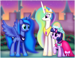 Size: 1208x930 | Tagged: safe, artist:ctb-36, princess celestia, princess luna, twilight sparkle, alicorn, pony, clothes, dress