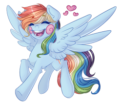 Size: 968x831 | Tagged: safe, artist:felcia, rainbow dash, pegasus, pony, blushing, eyes closed, heart, open mouth, simple background, solo, spread wings, transparent background