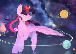 Size: 4950x3500 | Tagged: safe, artist:haidiannotes, twilight sparkle, twilight sparkle (alicorn), alicorn, pony, absurd resolution, constellation, cosmic, cute, giant pony, goddess, macro, moon, planet, pony bigger than a planet, smiling, space, stars, twiabetes, universe