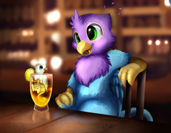 Size: 2969x2304 | Tagged: safe, artist:pridark, oc, oc only, oc:der, oc:gyro feather, oc:gyro tech, griffon, alcohol, bar, commission, drink, glass, griffonized, lime, micro, open mouth, signature, size difference