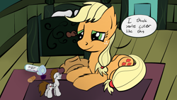 Size: 1920x1080 | Tagged: safe, artist:coramino, applejack, oc, oc:core, earth pony, pony, bedroom, hatless, micro, missing accessory, prone, shrunk, speech bubble