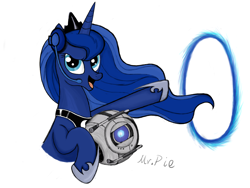 Size: 3780x2835 | Tagged: safe, artist:brobietpie, princess luna, alicorn, pony, crossover, gamer luna, personality core, portal (valve), simple background, solo, wheatley