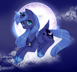 Size: 1645x1537 | Tagged: safe, artist:clefficia, princess luna, alicorn, pony, art trade, cloud, crown, cute, eyeshadow, full moon, glowing horn, jewelry, looking at you, lunabetes, makeup, moon, night, prone, regalia, s1 luna, smiling, solo