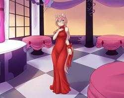 Size: 2125x1687 | Tagged: safe, artist:alasou, oc, oc only, oc:ruby aura, anthro, unicorn, anthro oc, breasts, clothes, commission, dress, female, gala dress, grand galloping gala, looking at you, mare, red dress, smiling, solo, table, window