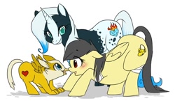 Size: 647x382 | Tagged: safe, artist:mr-tiaa, oc, oc only, oc:banana scent, oc:crystal heart, oc:valenti, classical hippogriff, griffon, hippogriff, pegasus, pony, unicorn, chubby, filly, foal, pregnant