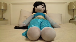 Size: 5312x2988 | Tagged: safe, artist:bigsexyplush, artist:somethingaboutoctavia, octavia melody, anthro, saddle arabian, unguligrade anthro, absurd resolution, anthro plushie, bed, bedroom eyes, belly, belly button, belly dancer, clothes, costume, crossover, cute, disney, doll, giant pony, giantess, hoof fetish, hooves, irl, macro, midriff, outfit, photo, plushie, princess jasmine, size difference, solo, tavibetes, thunder thighs, toy, wide hips